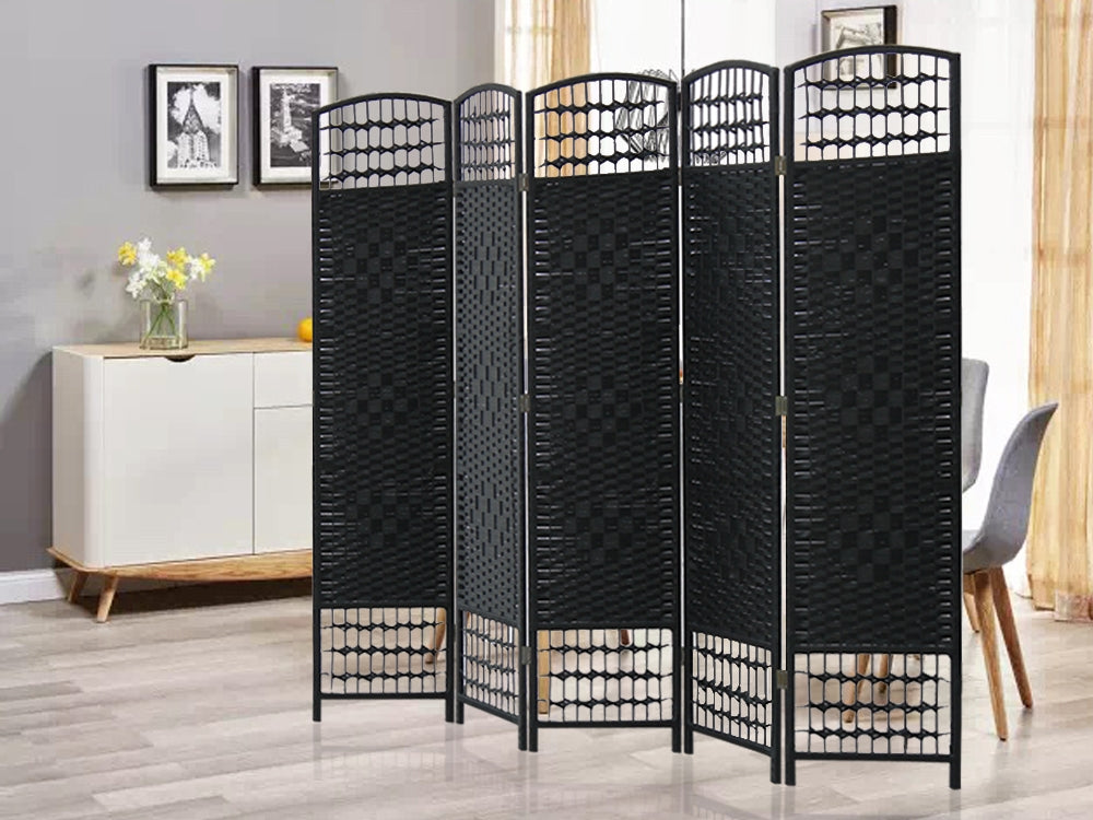 COONOOR 1.7M Rattan Room Divider Screen 5 Panels - BLACK