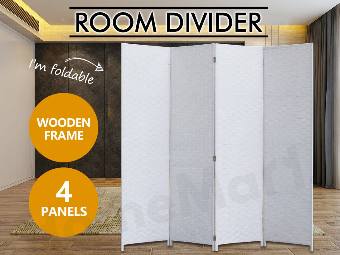 SEFTON 1.8M Rattan Room Divider Screen 4 Panels - WHITE