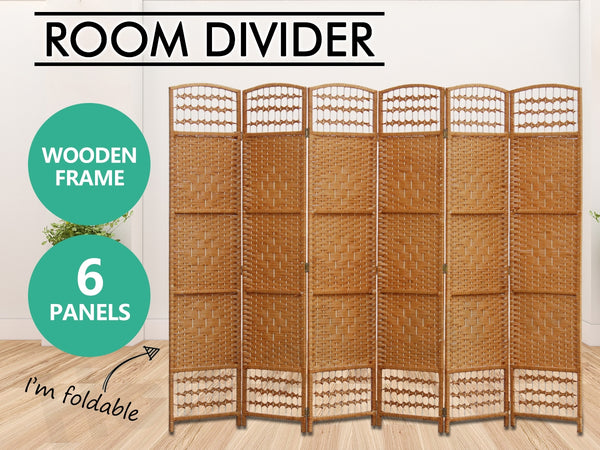 COONOOR 1.7M Rattan Room Divider Screen 6 Panels - OAK
